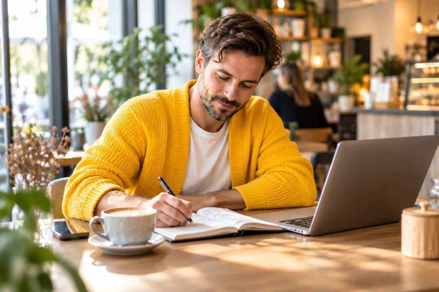 Mann in gelber Strickjacke schreibt im Café Notizen für einen Blogartikel, daneben Laptop und Cappuccino