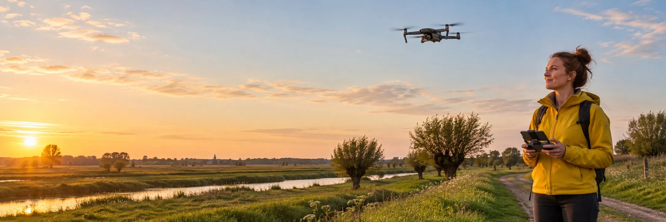 Drohnenpilotin in gelber Jacke steuert bei Sonnenuntergang eine Drohne über Wiesen, Kopfweiden und einen Fluss am Niederrhein
