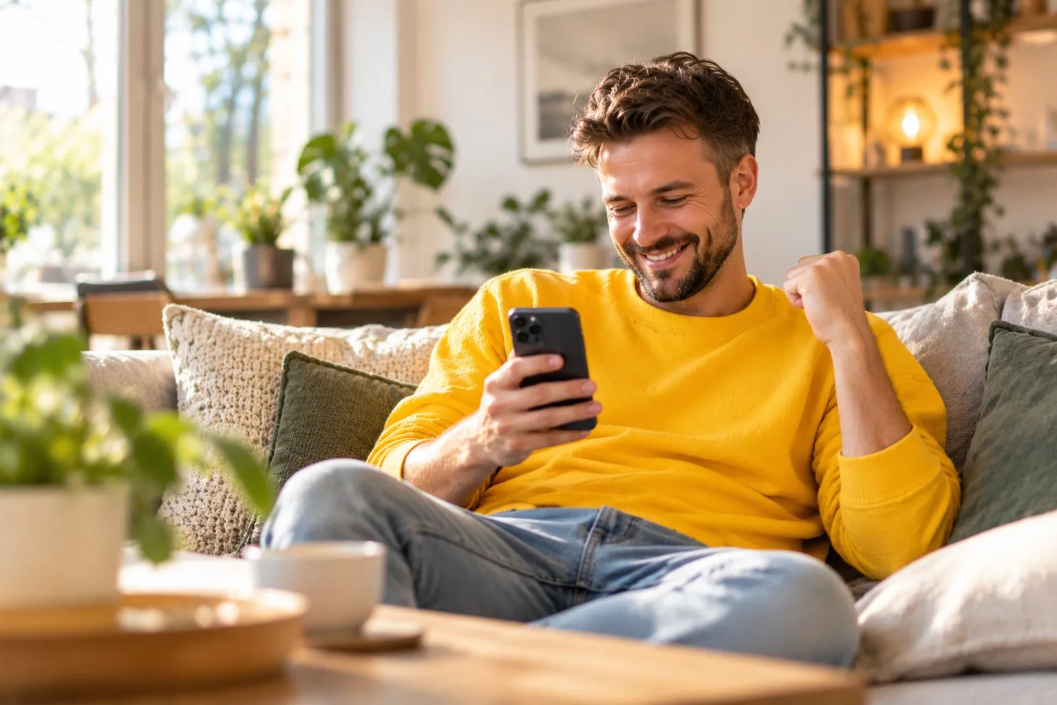 Mann im gelben Pullover sitzt auf dem Sofa und freut sich über Ergebnisse auf seinem Smartphone
