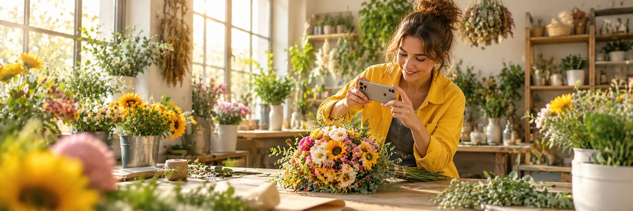 Floristin in gelber Jacke fotografiert in ihrer Blumenwerkstatt einen bunten Strauß mit dem Smartphone für Social Media