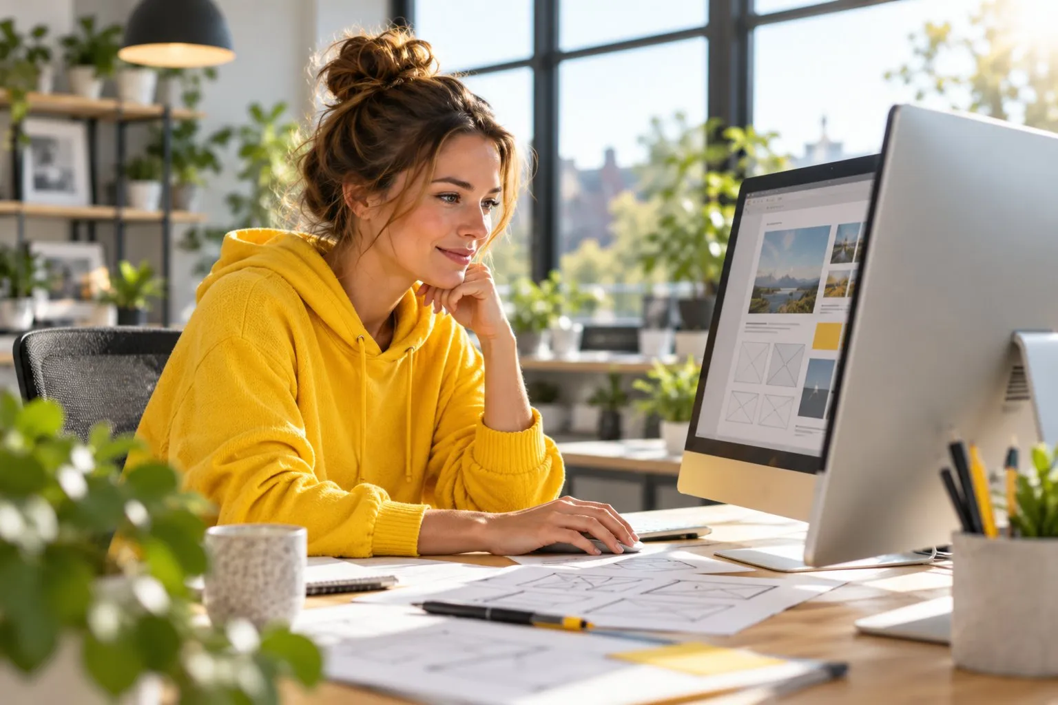 Webdesignerin im gelben Hoodie gestaltet am großen Monitor ein Website-Layout, daneben Wireframe-Skizzen