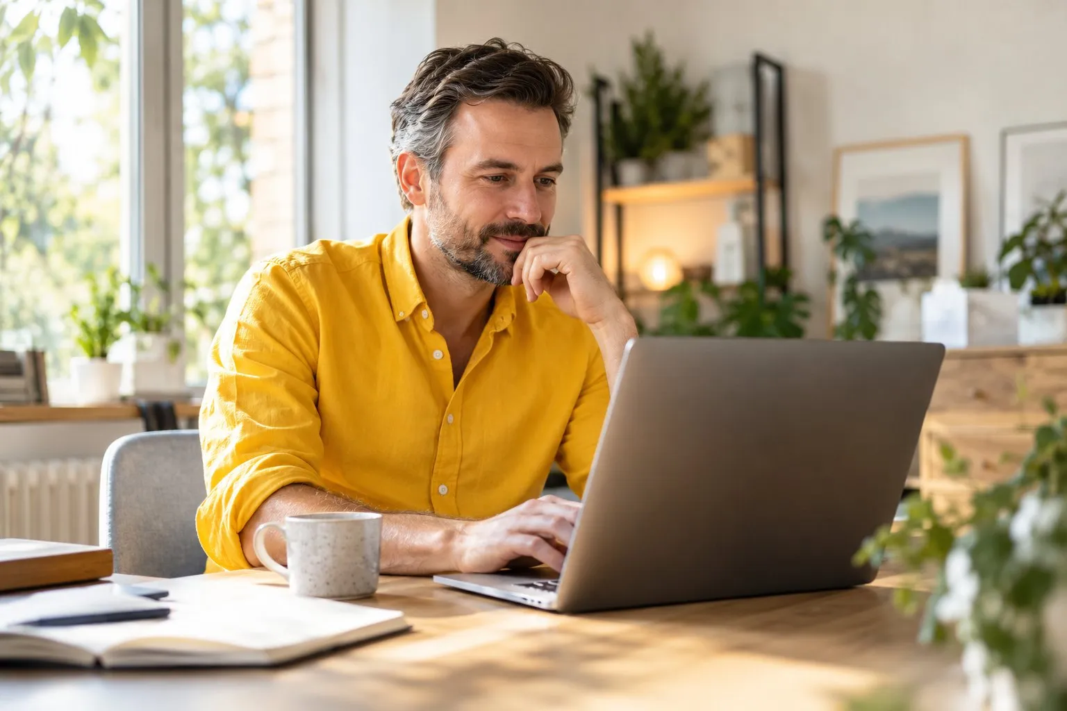 Mann in gelbem Hemd prüft im Homeoffice konzentriert Updates am Laptop